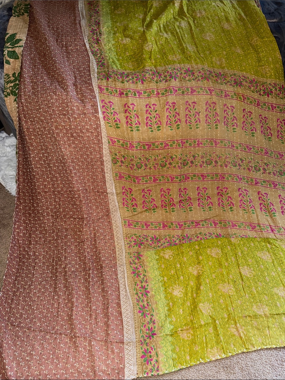 Handcrafted Floral Kantha Throw Blanket in Green and Brown